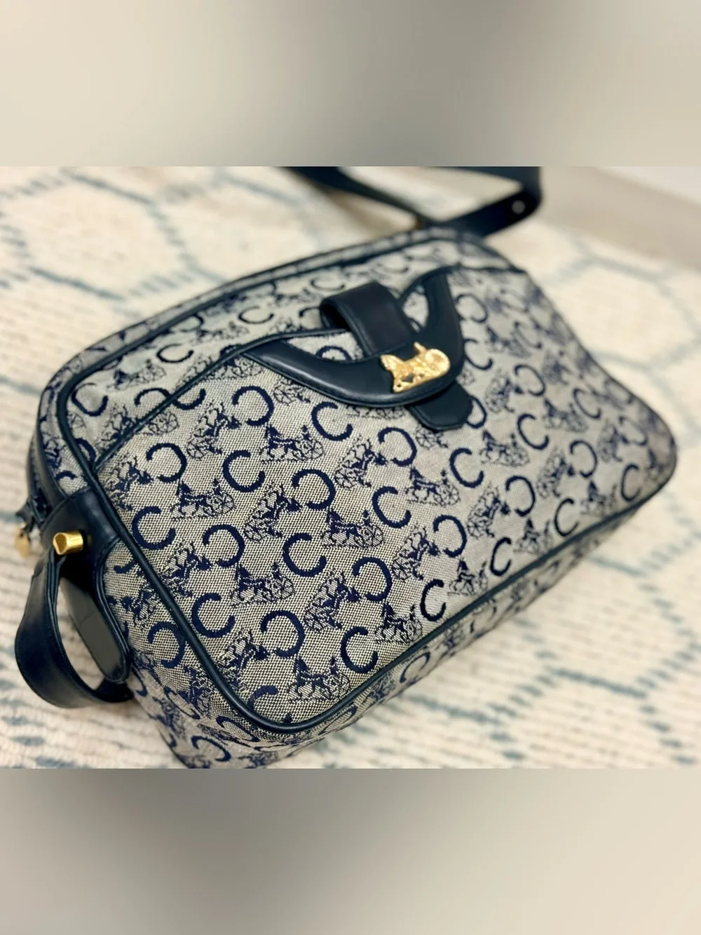 CELINE Vintage 80’s Navy C Sulky Canvas Monogram Carriage Adjust. Crossbody